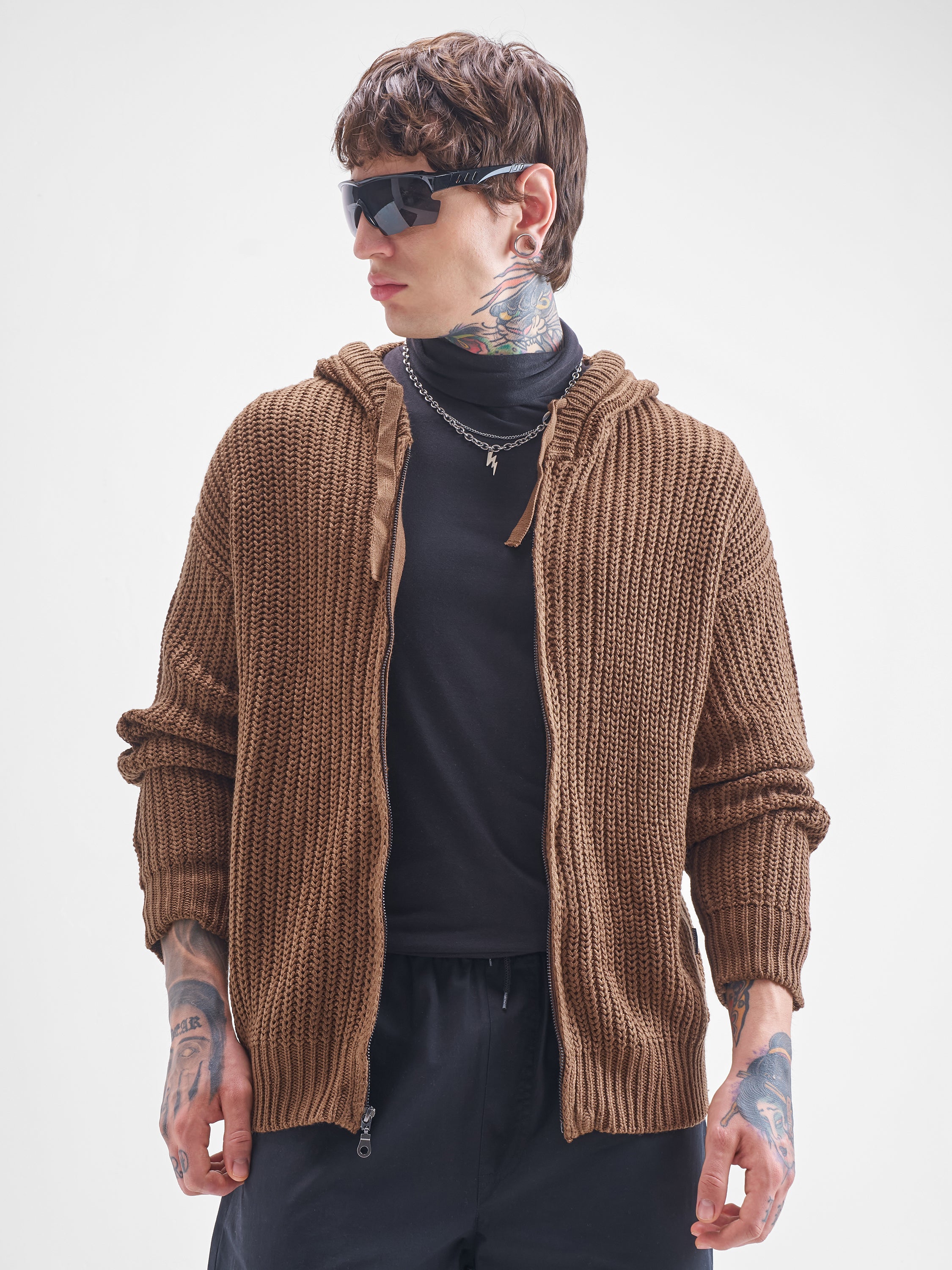 Highlander Men Brown Hood Front-Open Sweater - Brown - Image 3