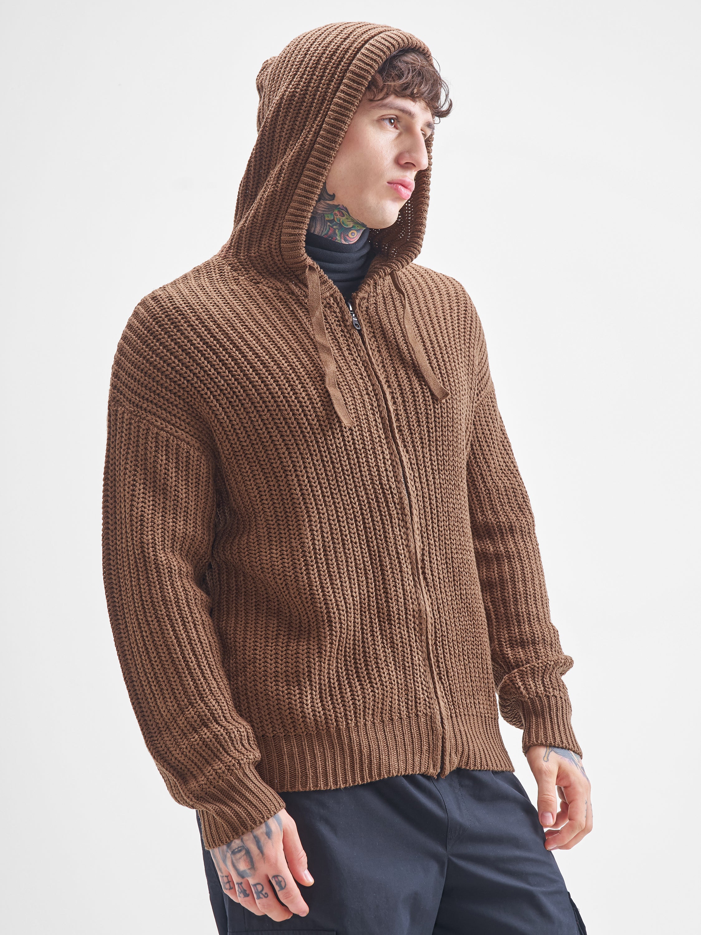 Highlander Men Brown Hood Front-Open Sweater - Brown - Image 6