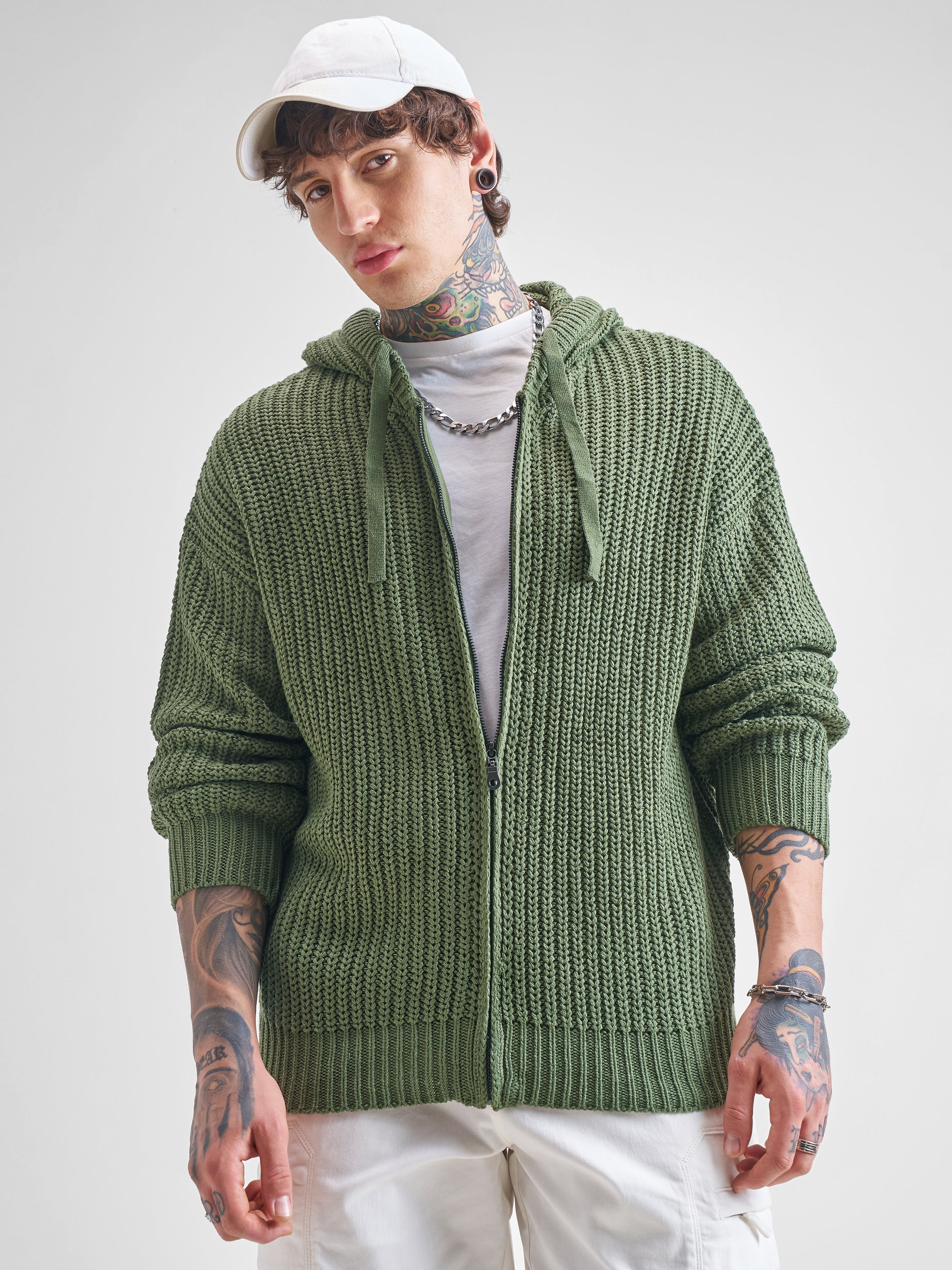Highlander Men Green Hood Front-Open Sweater - Green - Image 3