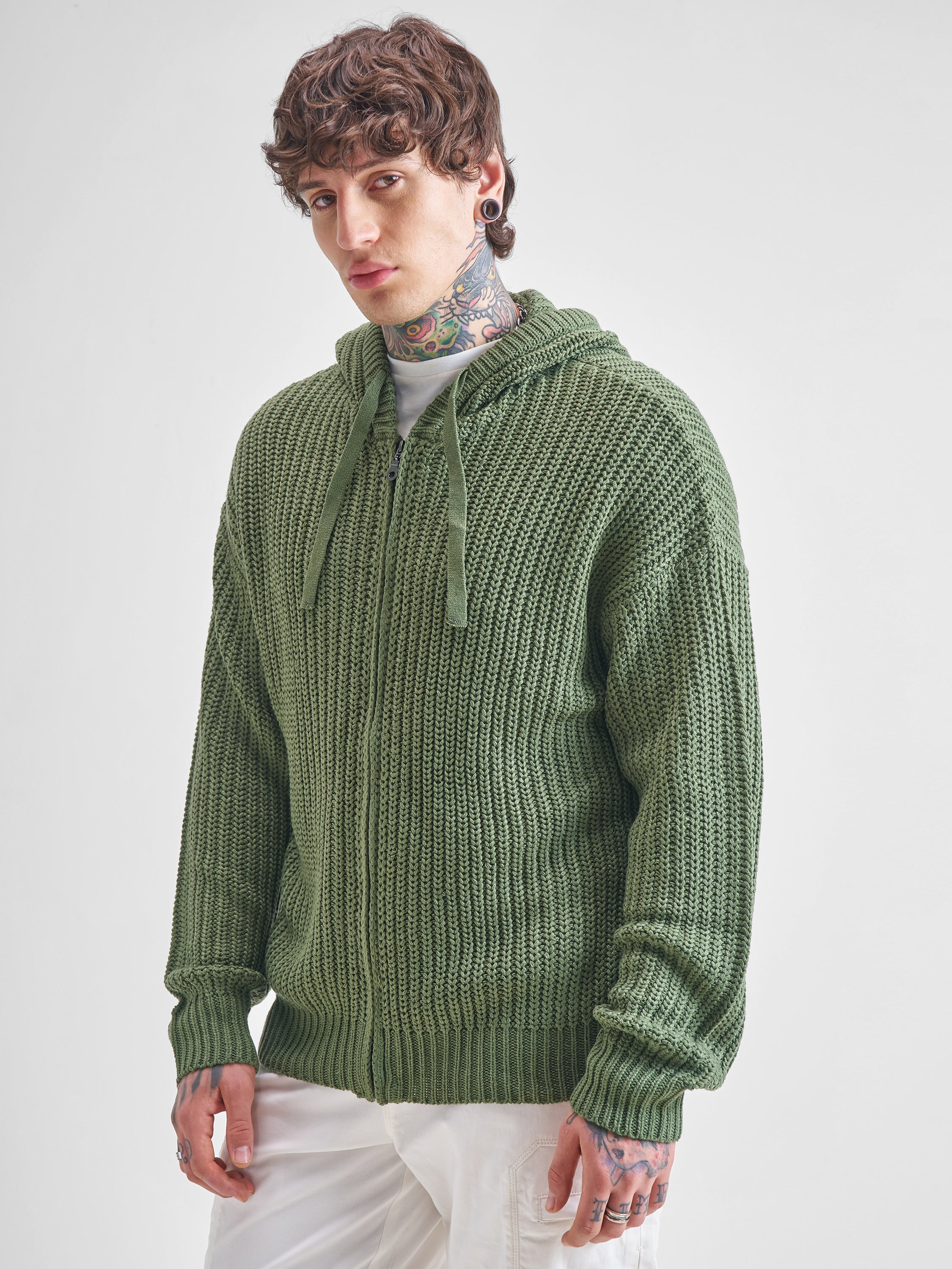 Highlander Men Green Hood Front-Open Sweater - Green - Image 4
