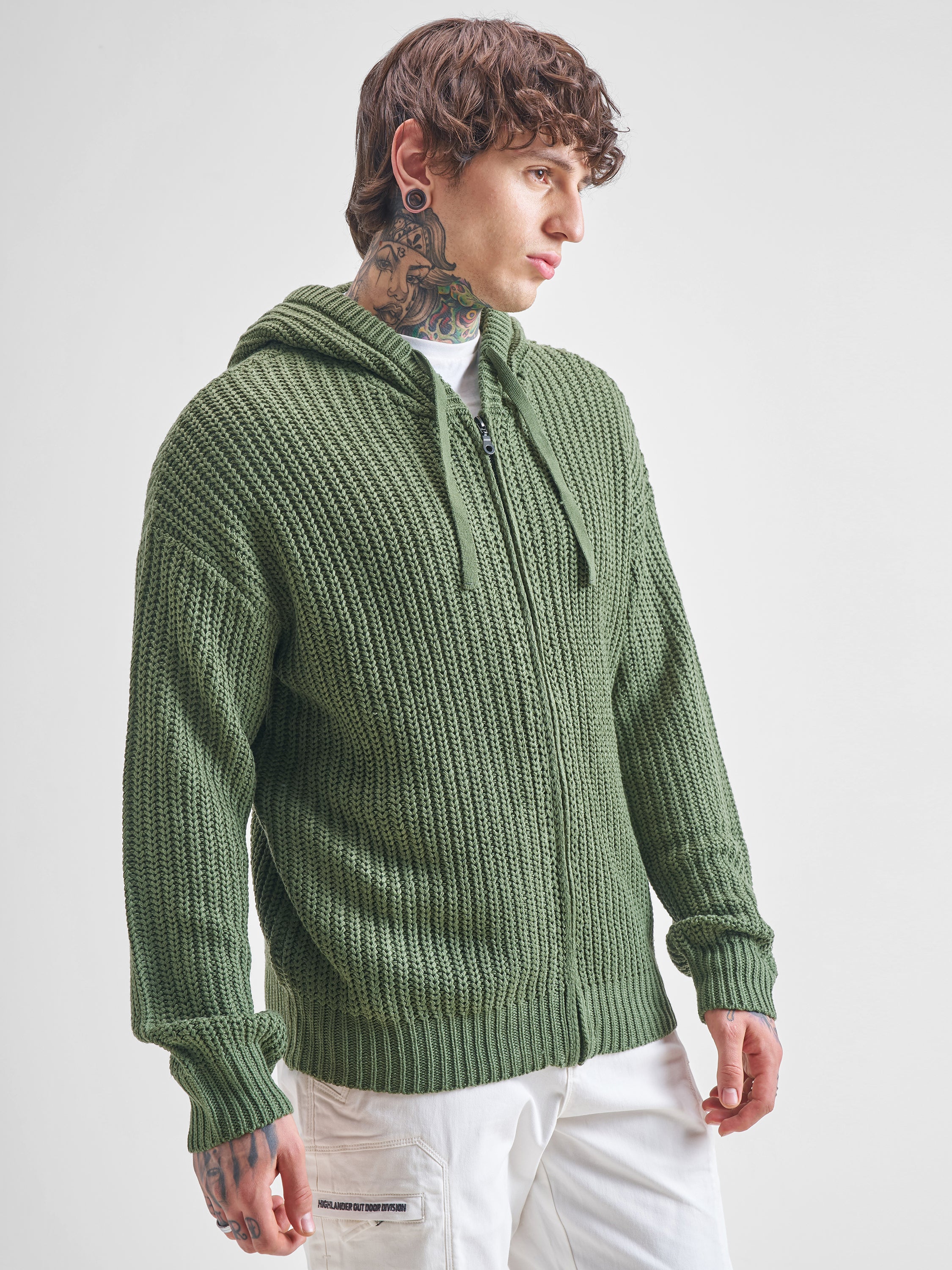 Highlander Men Green Hood Front-Open Sweater - Green - Image 6
