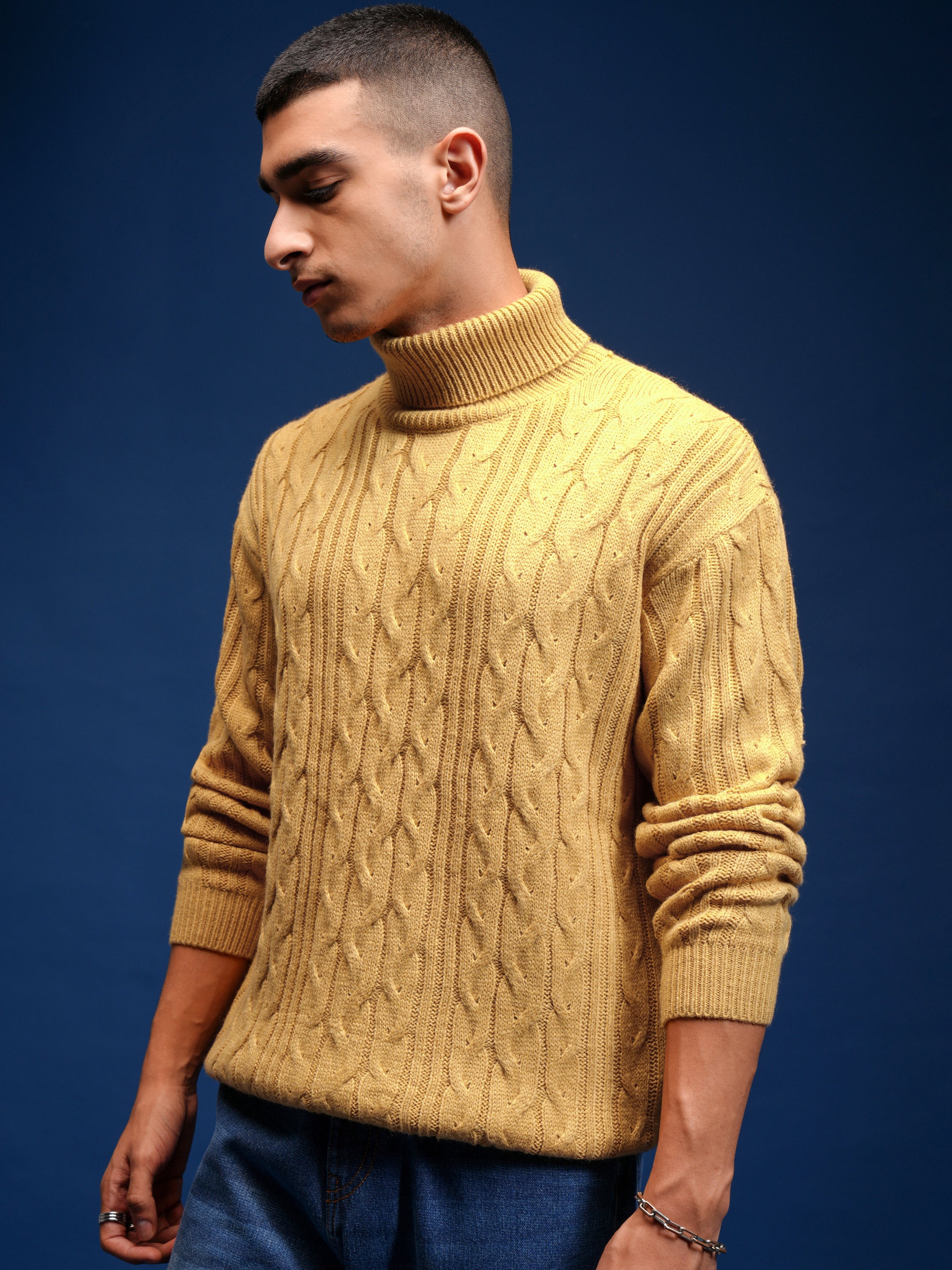 Highlander Men Yellow Turtle Neck Pullover Sweater - Yellow - Image 4