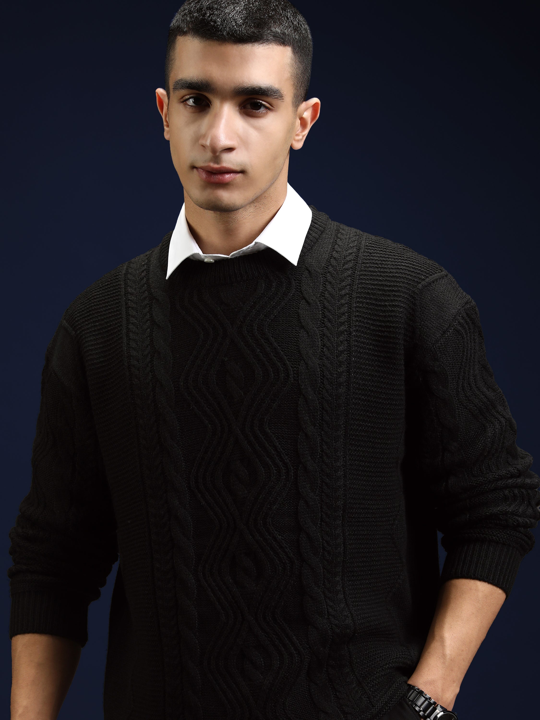 Highlander Men Black Round Neck Pullover Sweater - Black - Image 1