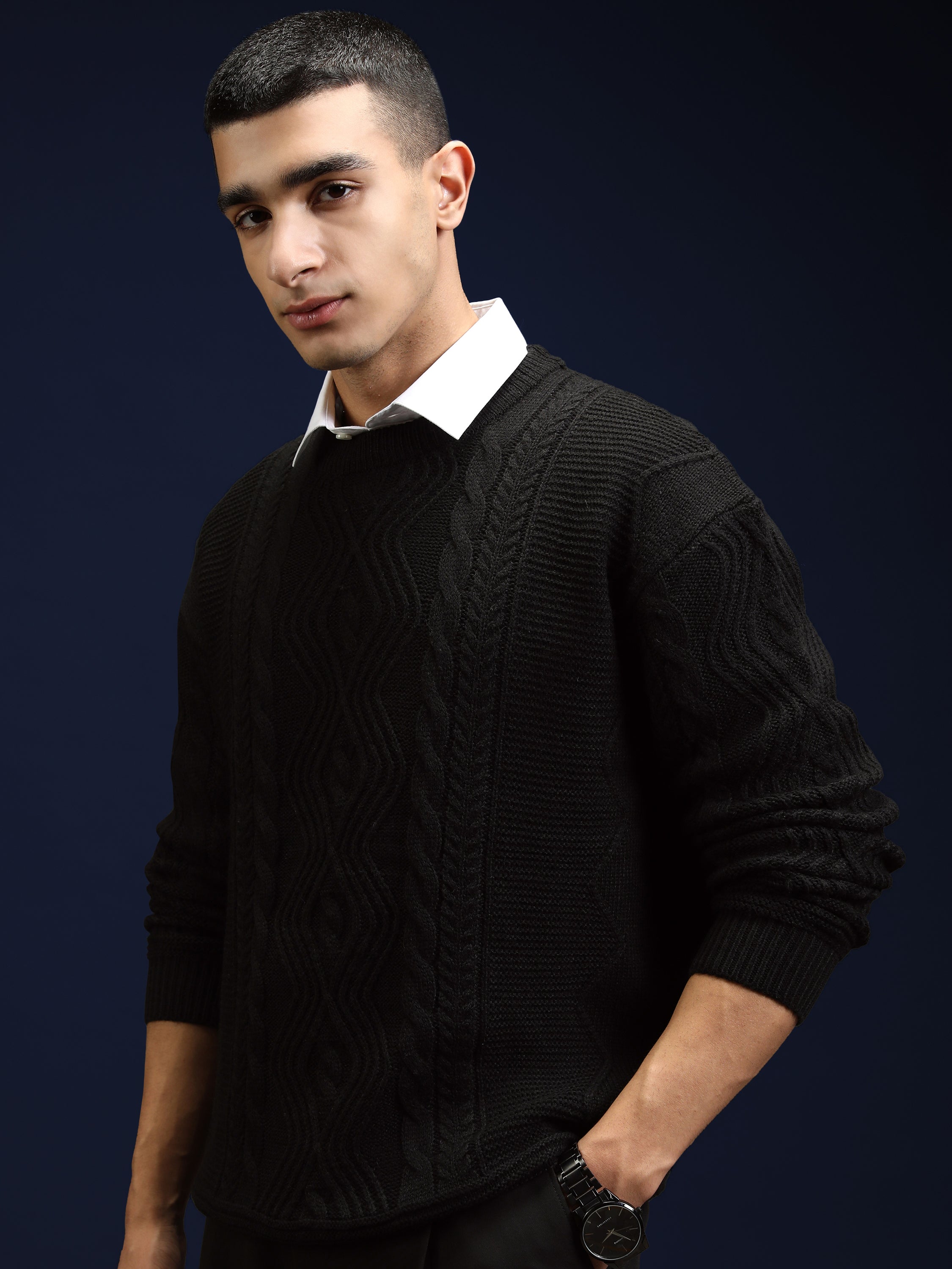 Highlander Men Black Round Neck Pullover Sweater - Black - Image 4