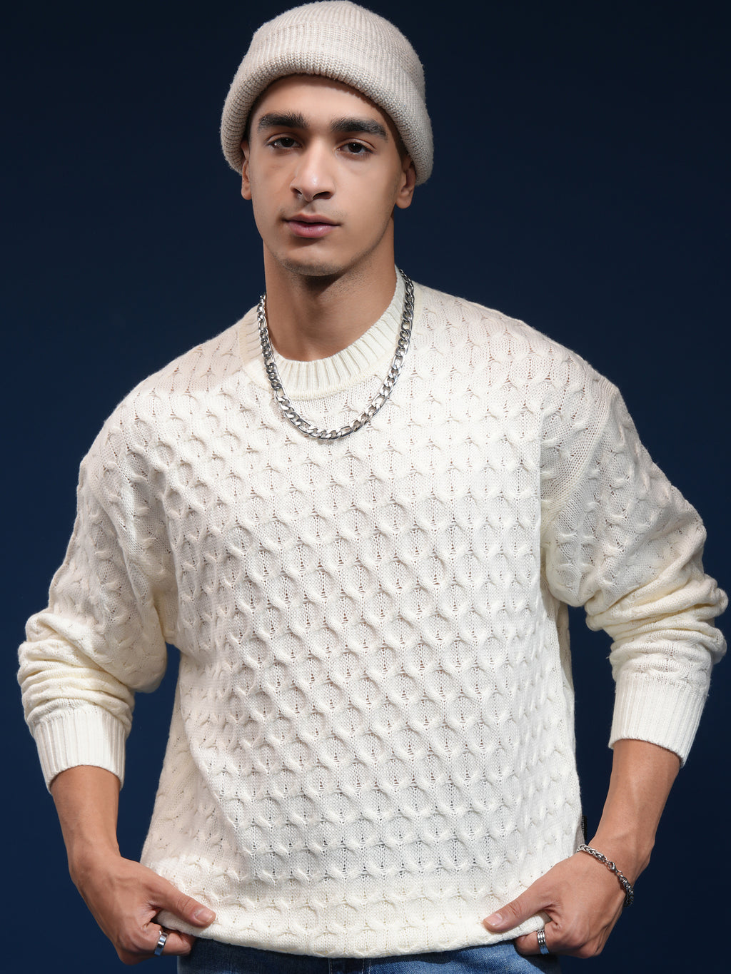 Highlander Men Off White Round Neck Pullover Sweater - Off White - Image 1