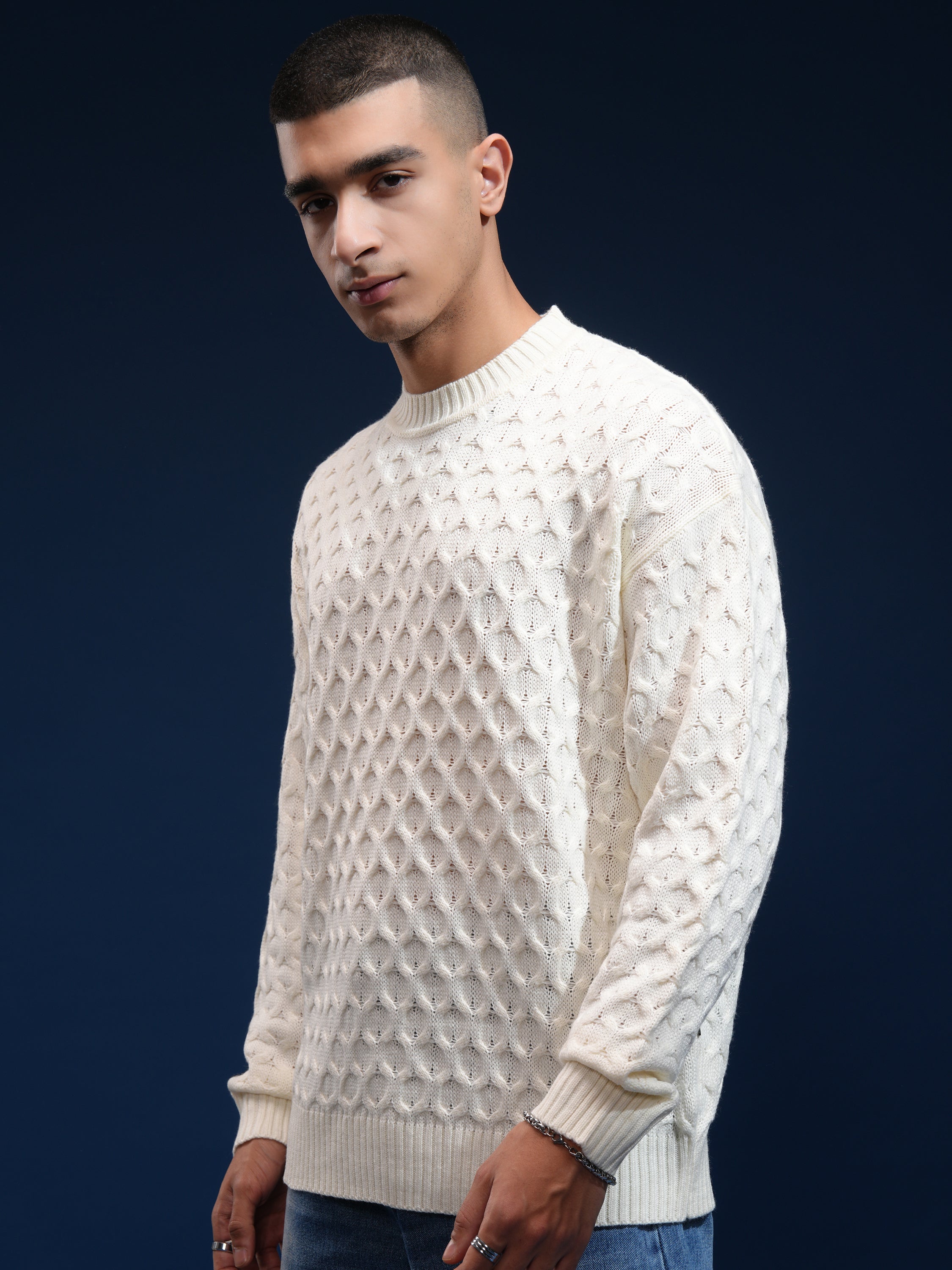 Highlander Men Off White Round Neck Pullover Sweater - Off White - Image 4