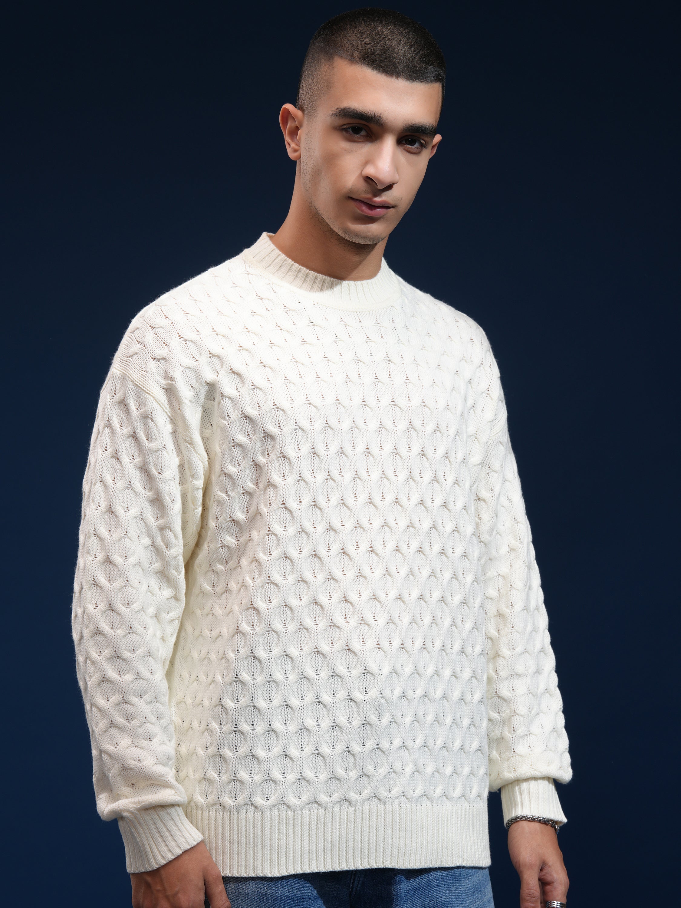 Highlander Men Off White Round Neck Pullover Sweater - Off White - Image 6