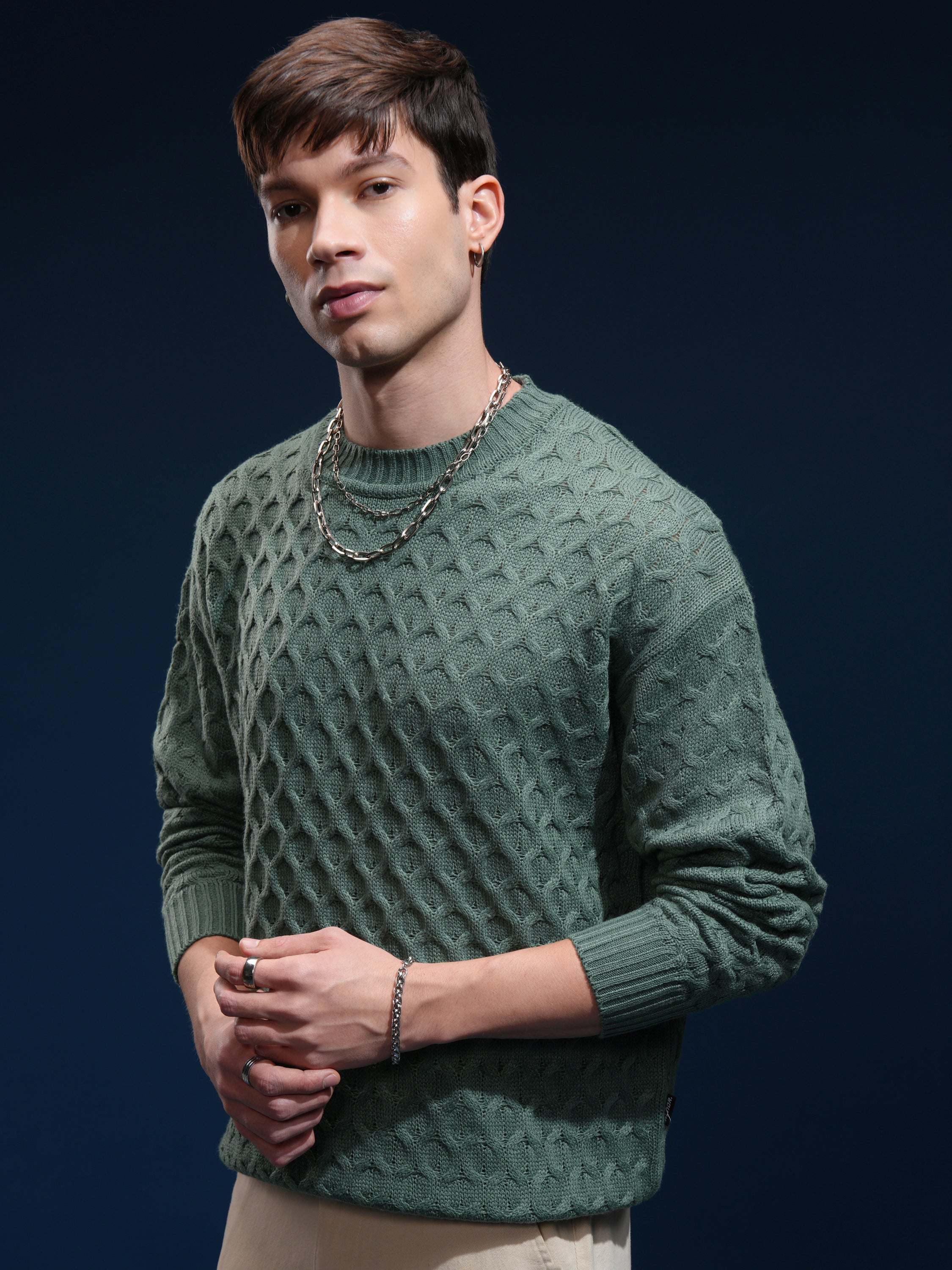 Highlander Men Green Round Neck Pullover Sweater - Green - Image 4