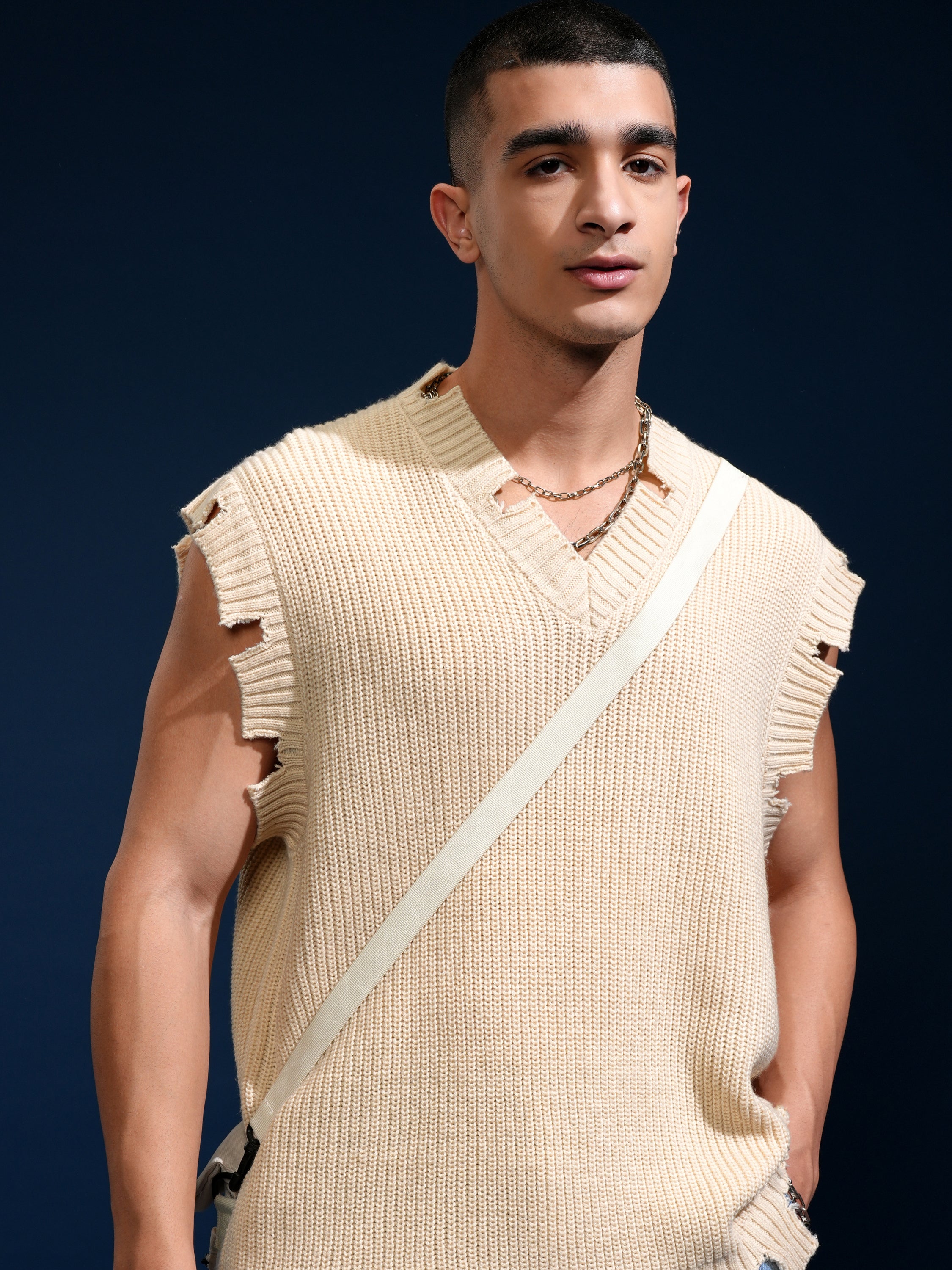 Highlander Men White V-Neck Sweater Vest Sweater - White - Image 1