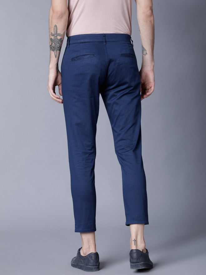 Men Blue Tapered Fit Solid Chinos - Blue - Image 3