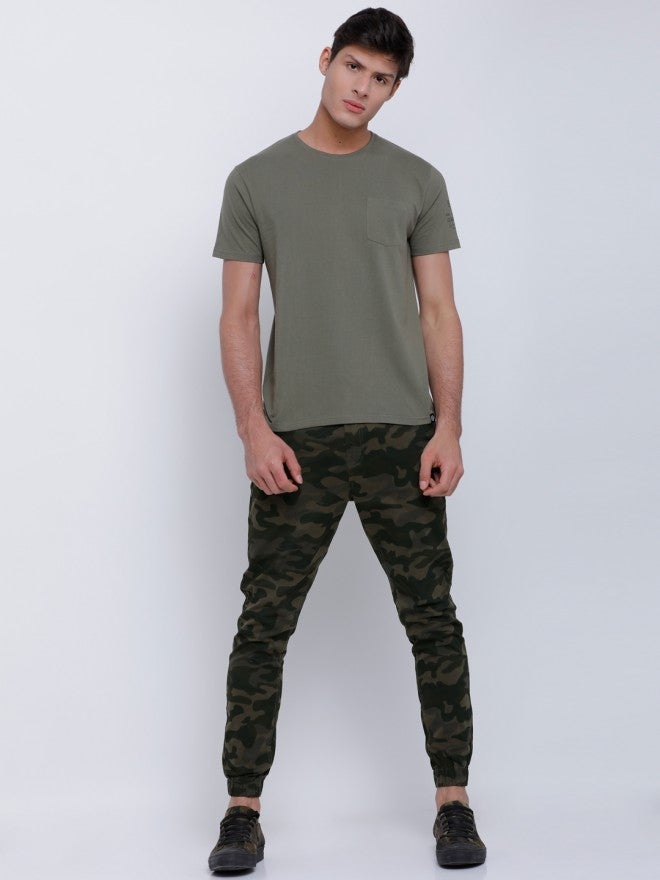 Olive Casual Printed Slim Fit Trousers - Olive - Image 1