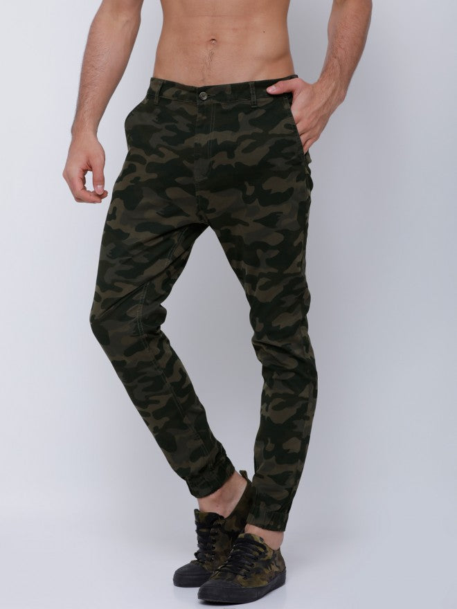 Olive Casual Printed Slim Fit Trousers - Olive - Image 4