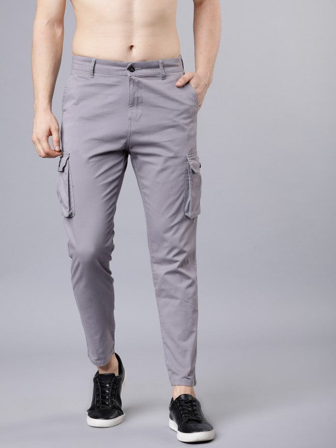 Men Grey Slim Fit Solid Cargos - Grey - Image 2