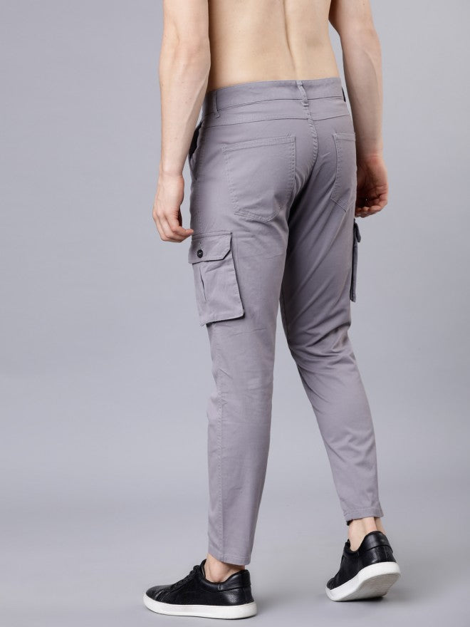 Men Grey Slim Fit Solid Cargos - Grey - Image 3
