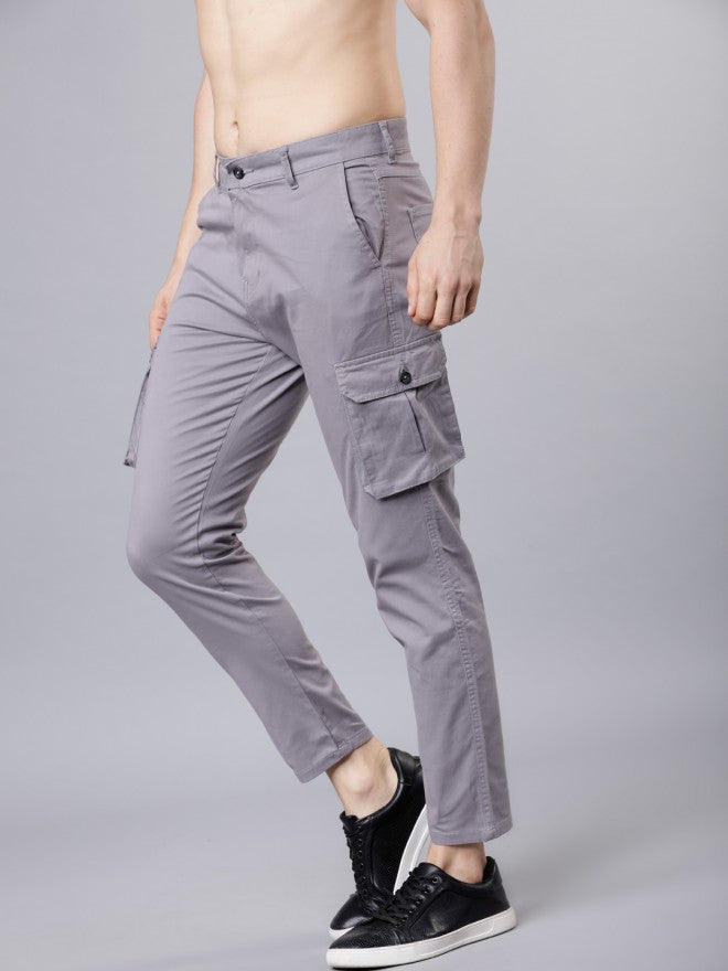 Men Grey Slim Fit Solid Cargos - Grey - Image 4