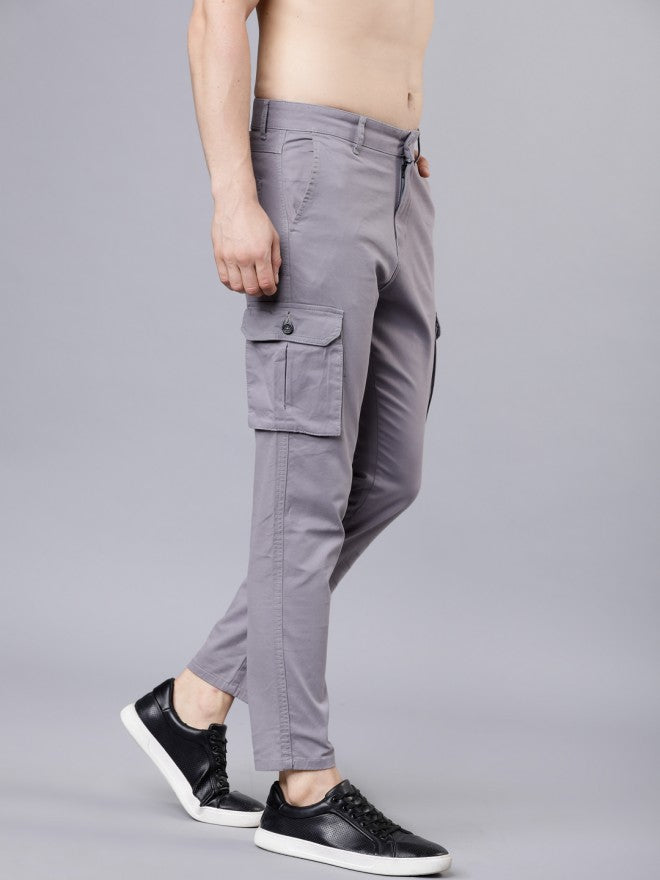 Men Grey Slim Fit Solid Cargos - Grey - Image 6