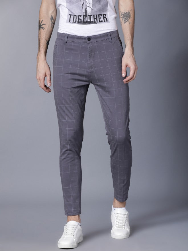 Grey Casual Checked Slim Fit Trousers - Grey - Image 2