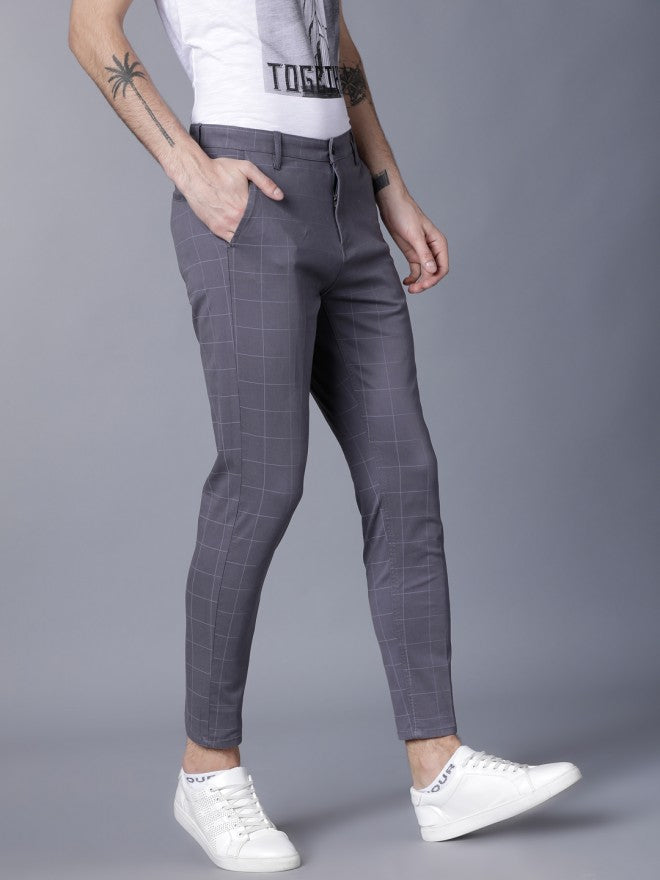 Grey Casual Checked Slim Fit Trousers - Grey - Image 6