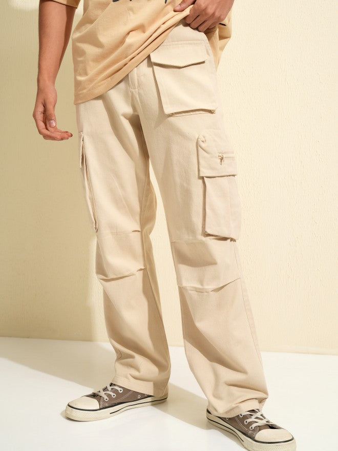 Highlander Men White Carpenter Fit Solid Cargos - White - Image 1