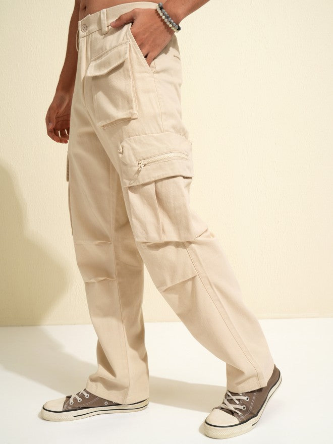 Highlander Men White Carpenter Fit Solid Cargos - White - Image 4