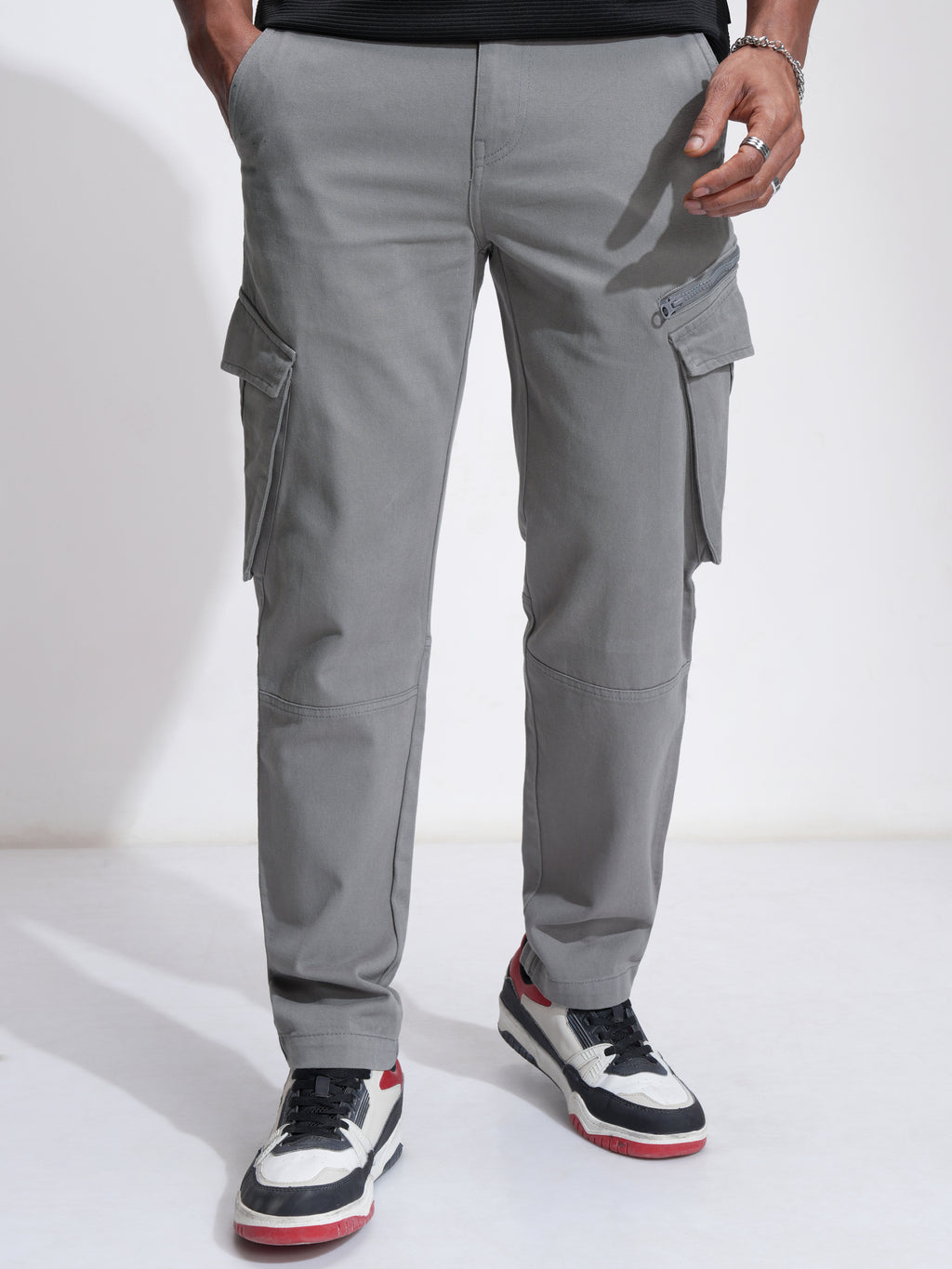 Highlander Men Grey Slim Fit Solid Cargos - Grey - Image 1