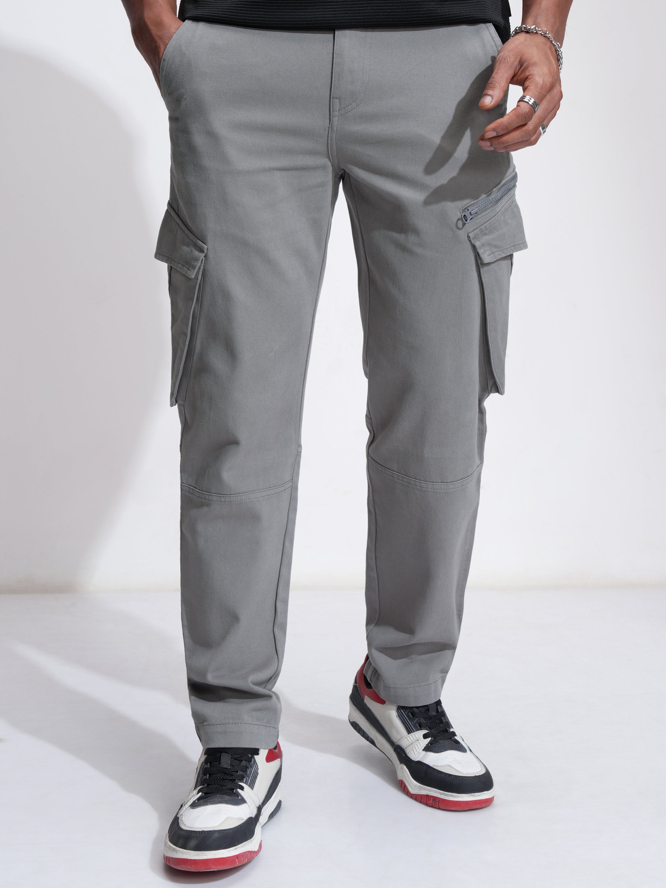 Highlander Men Grey Slim Fit Solid Cargos - Grey - Image 1