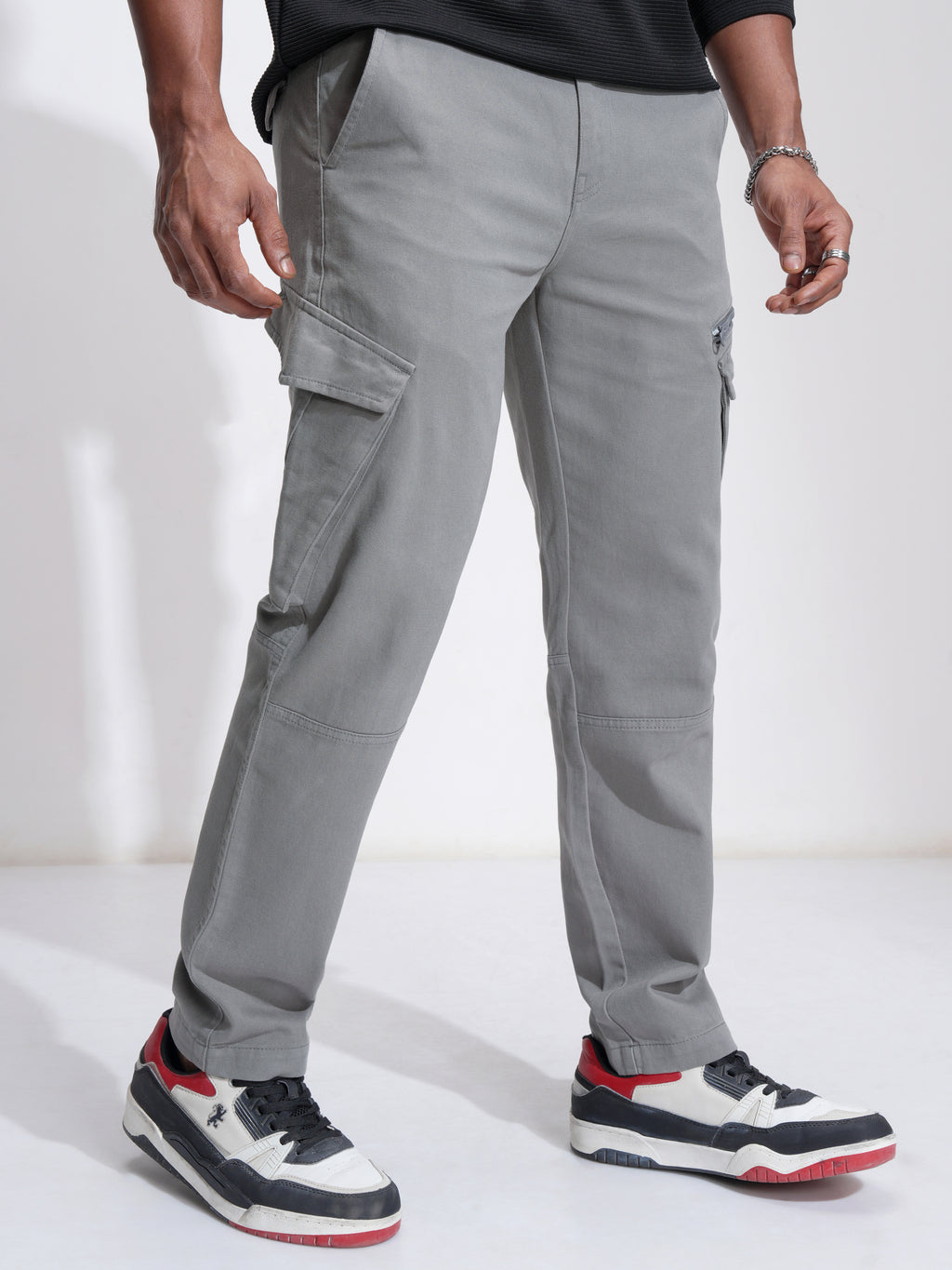 Highlander Men Grey Slim Fit Solid Cargos - Grey - Image 6