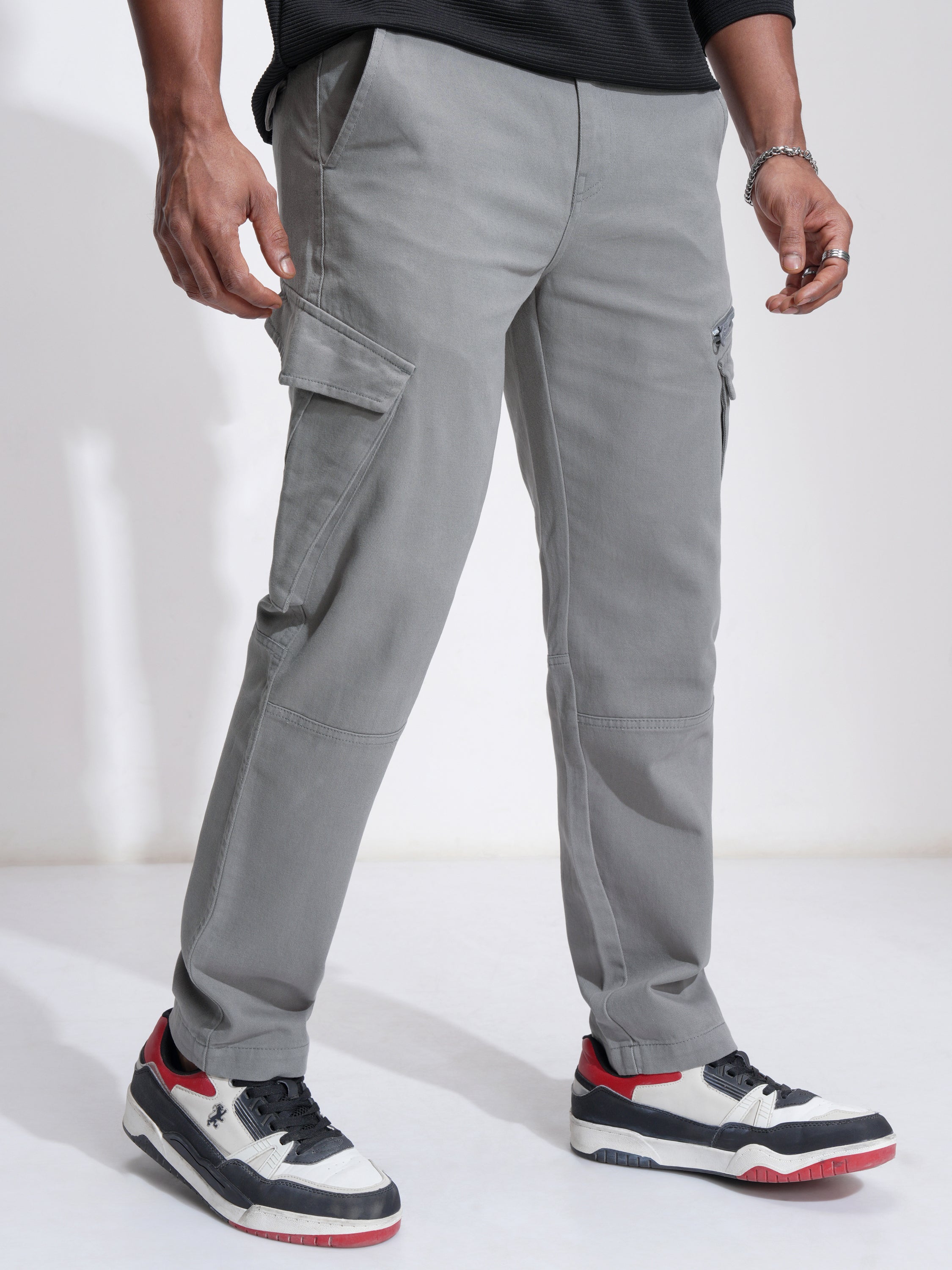 Highlander Men Grey Slim Fit Solid Cargos - Grey - Image 6