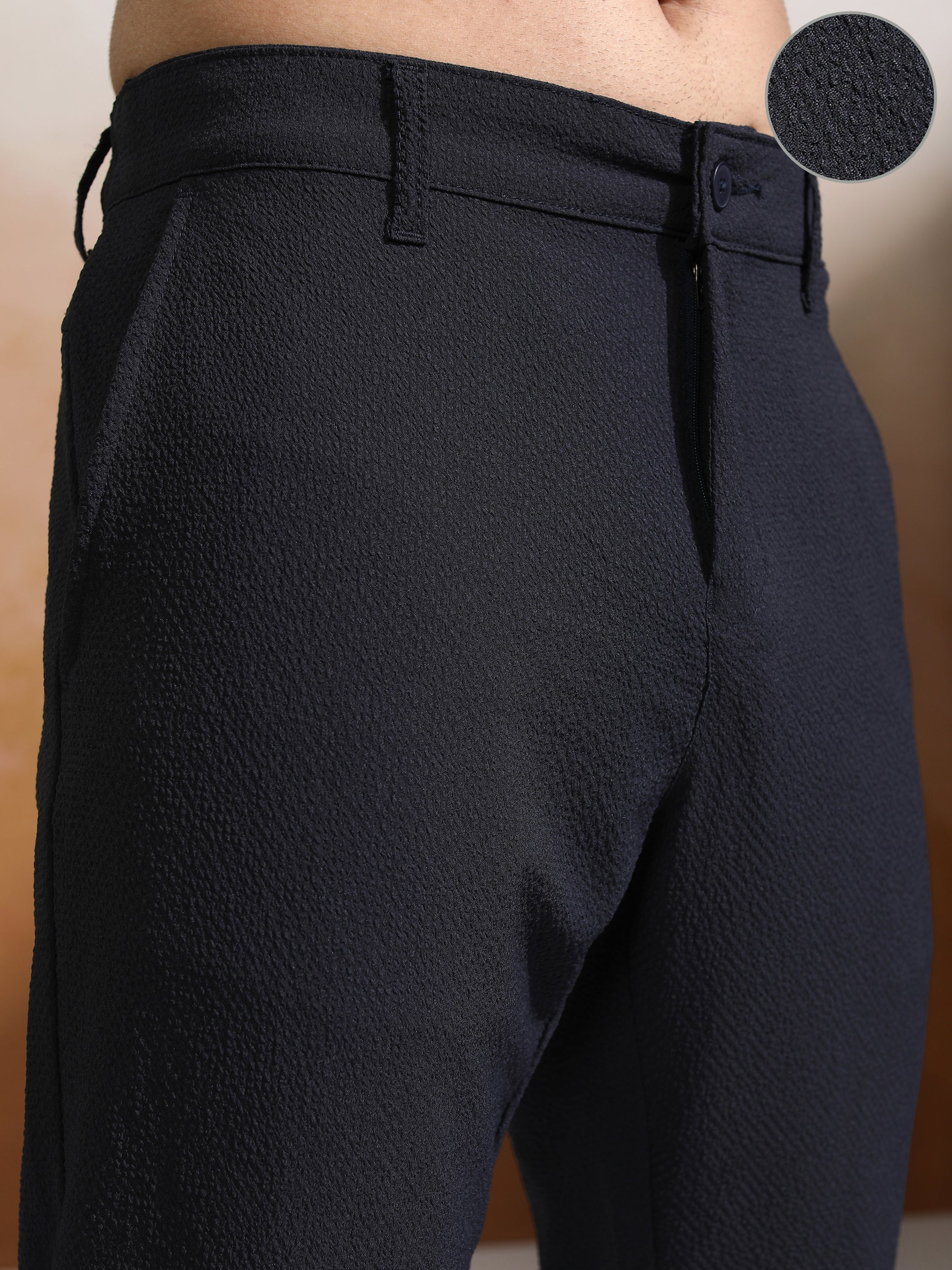 Highlander Men Blue Slim Fit Textured Casual Trouser - Blue - Image 5