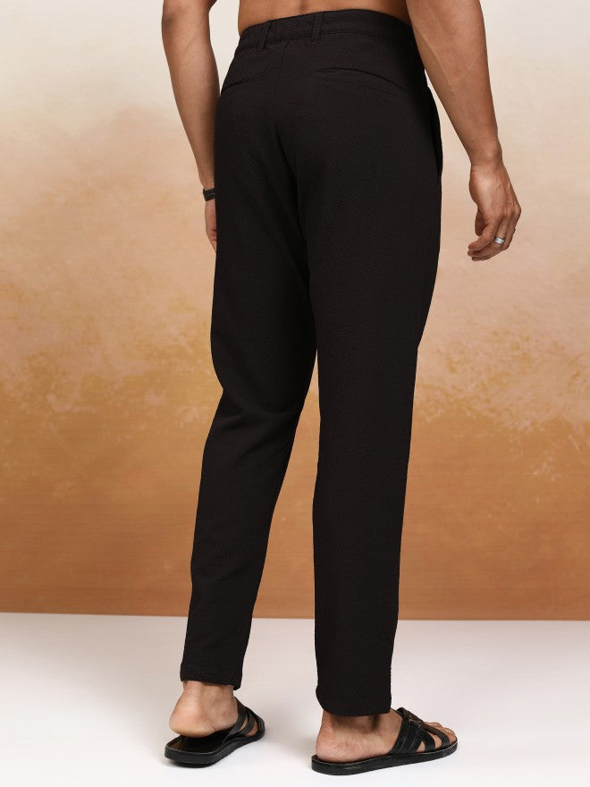 Highlander Men Black Slim Fit Textured Casual Trouser - Black - Image 3