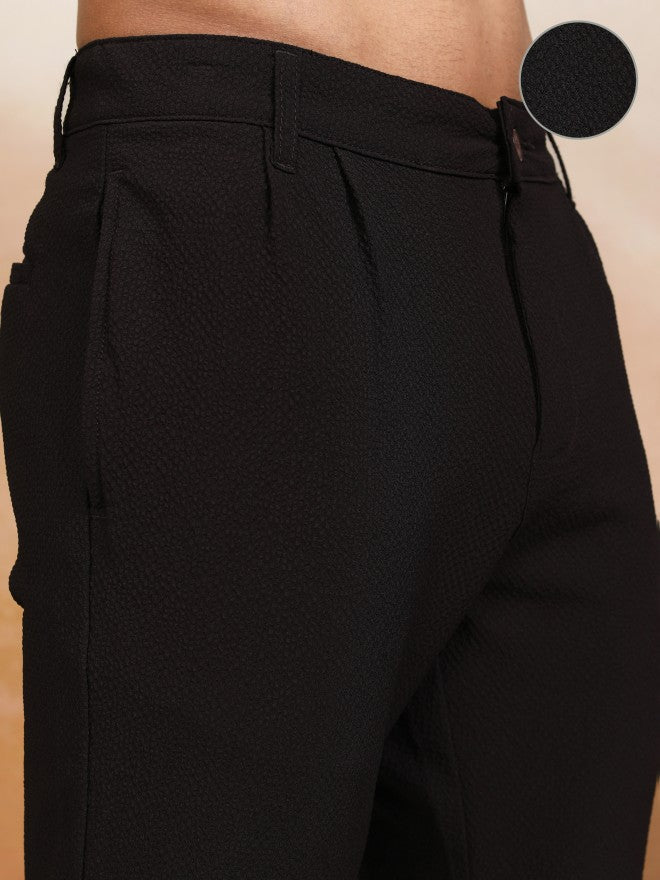 Highlander Men Black Slim Fit Textured Casual Trouser - Black - Image 5