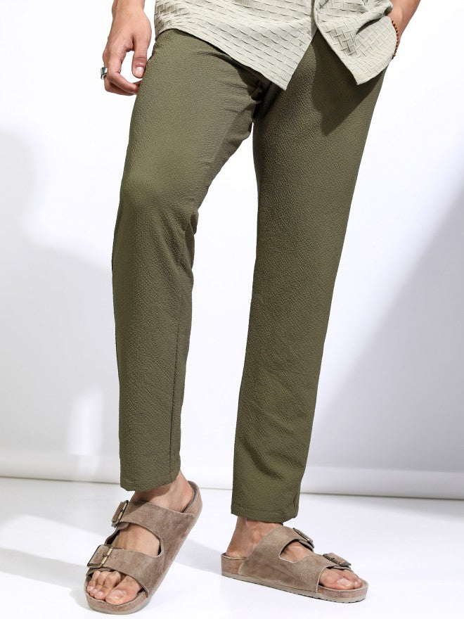 Highlander Men Olive Slim Fit Textured Casual Trouser - Olive - Image 1