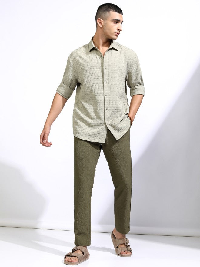 Highlander Men Olive Slim Fit Textured Casual Trouser - Olive - Image 2