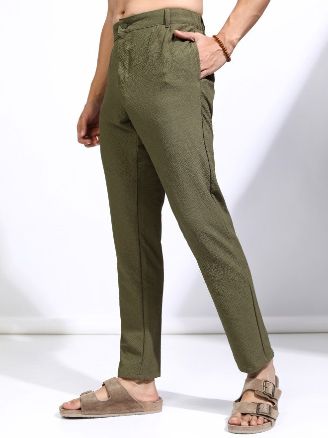 Highlander Men Olive Slim Fit Textured Casual Trouser - Olive - Image 4