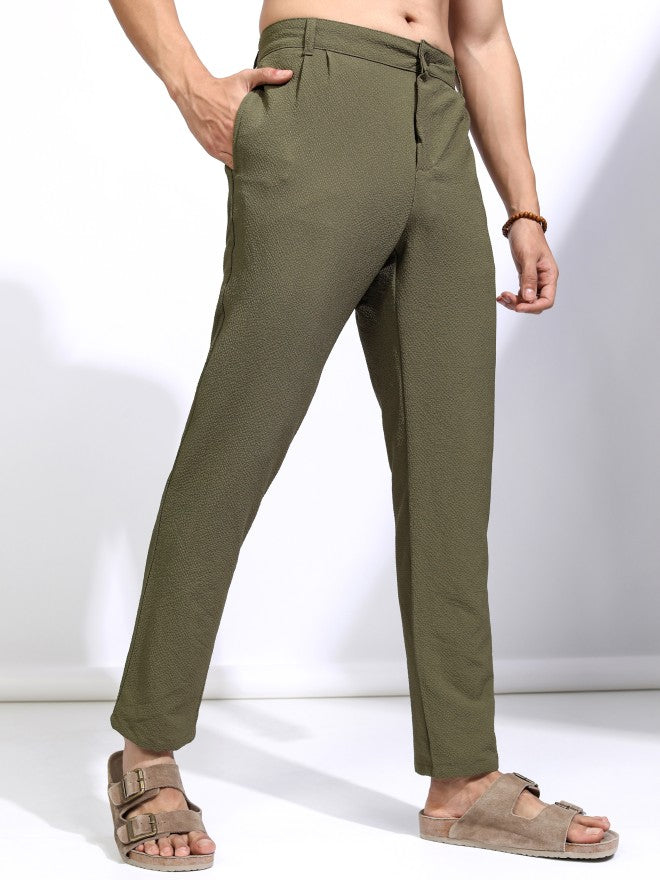 Highlander Men Olive Slim Fit Textured Casual Trouser - Olive - Image 6