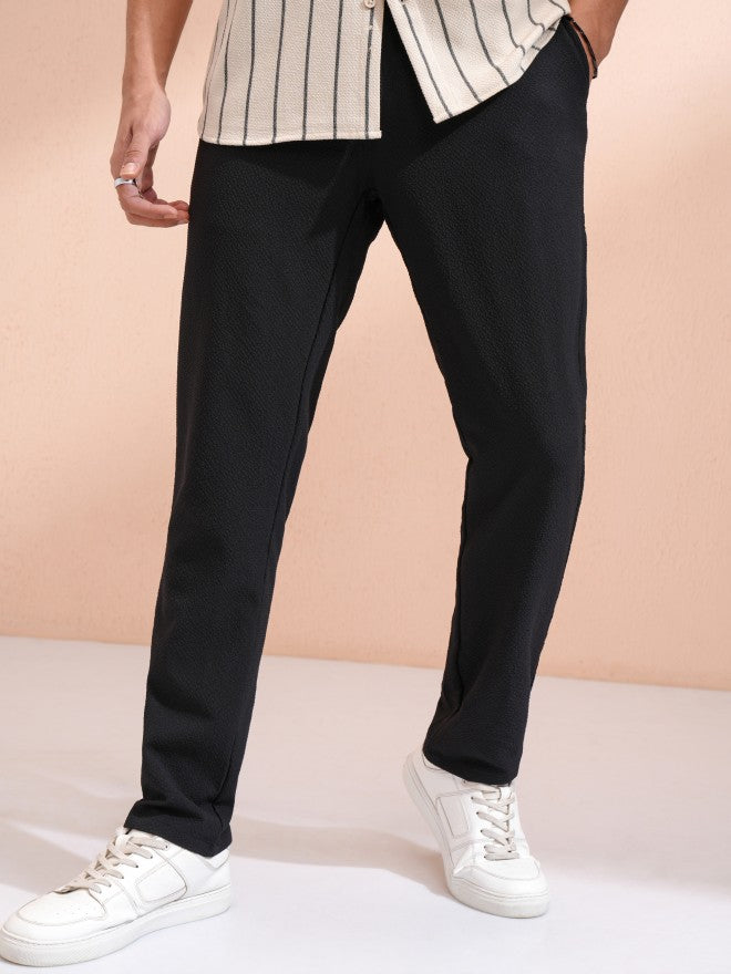 Highlander Men Black Slim Fit Textured Casual Trouser - Black - Image 1