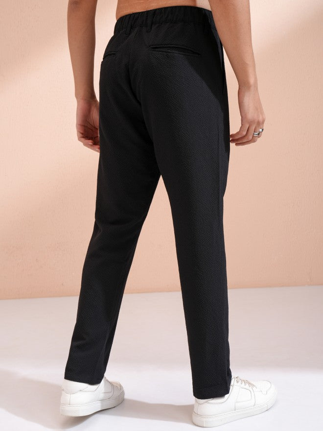Highlander Men Black Slim Fit Textured Casual Trouser - Black - Image 3