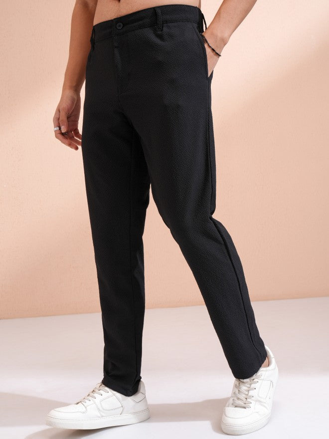 Highlander Men Black Slim Fit Textured Casual Trouser - Black - Image 4