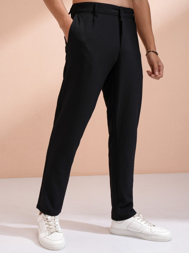 Highlander Men Black Slim Fit Textured Casual Trouser - Black - Image 6