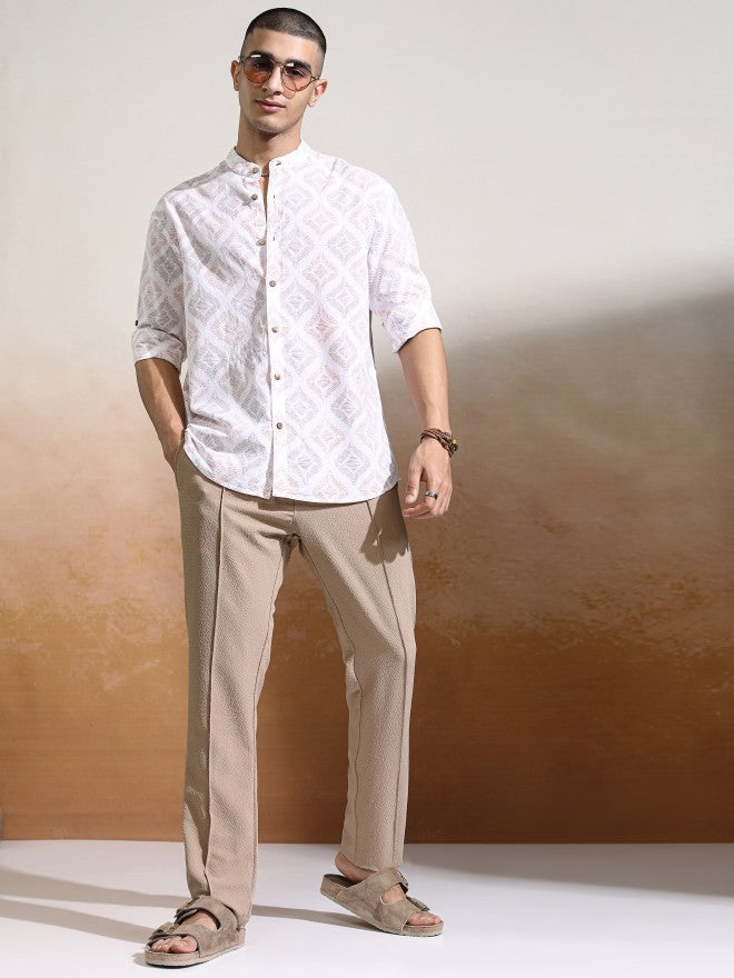 Highlander Men White Slim Fit Textured Casual Trouser - White - Image 2