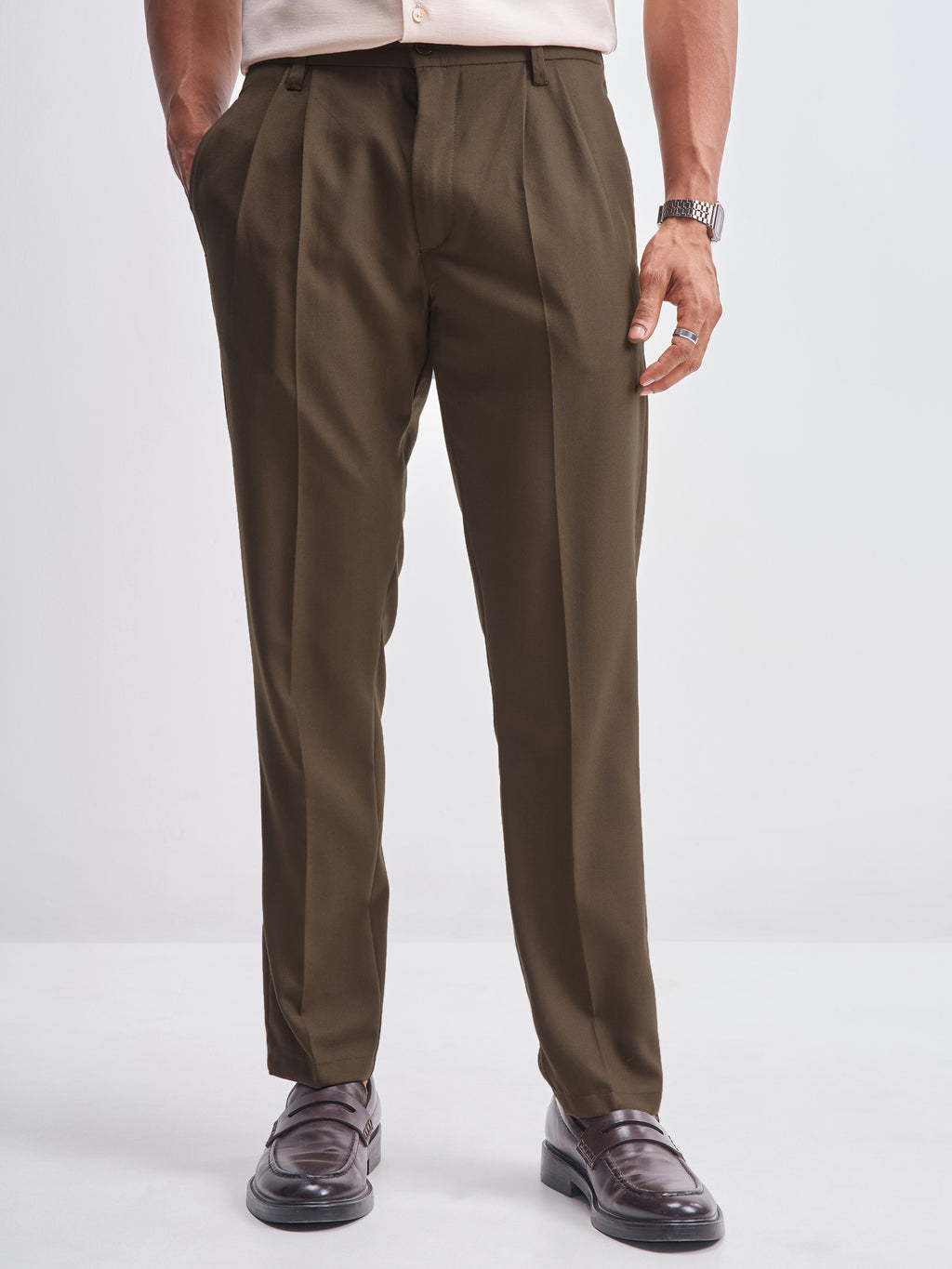 Highlander Men Brown Relaxed Fit Solid Formal Trouser - Brown - Image 1