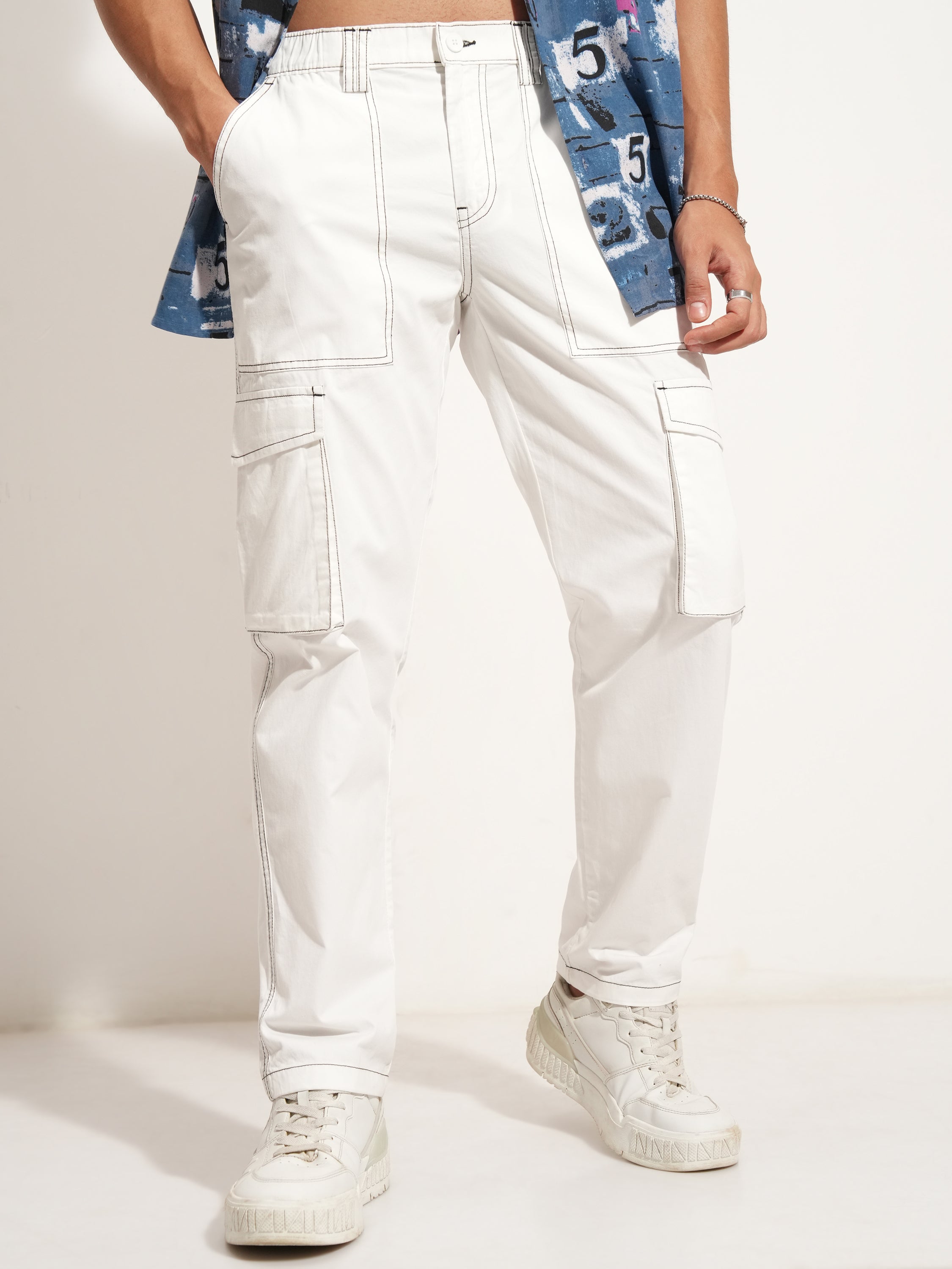 Highlander Men White Straight Fit Solid Cargo - White - Image 1