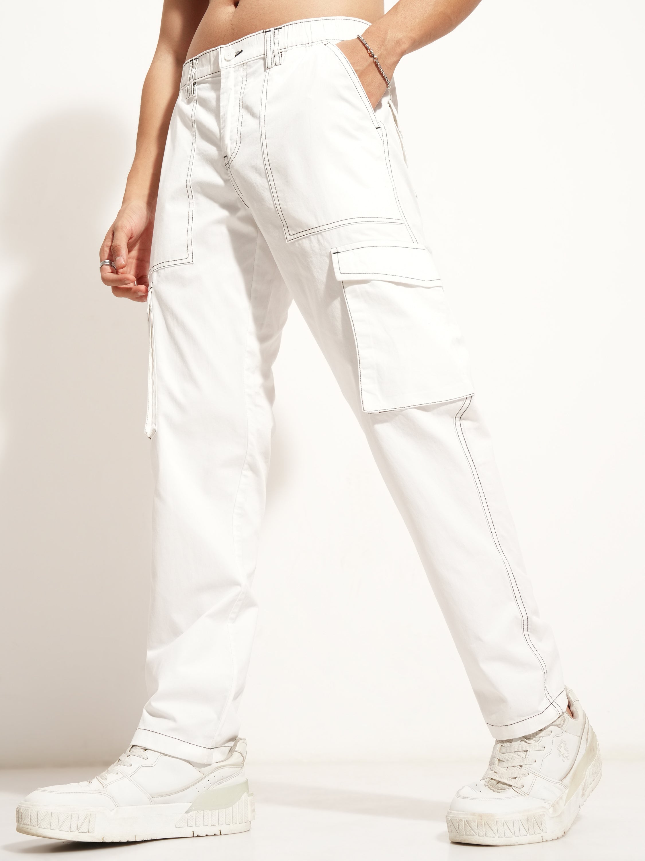 Highlander Men White Straight Fit Solid Cargo - White - Image 4