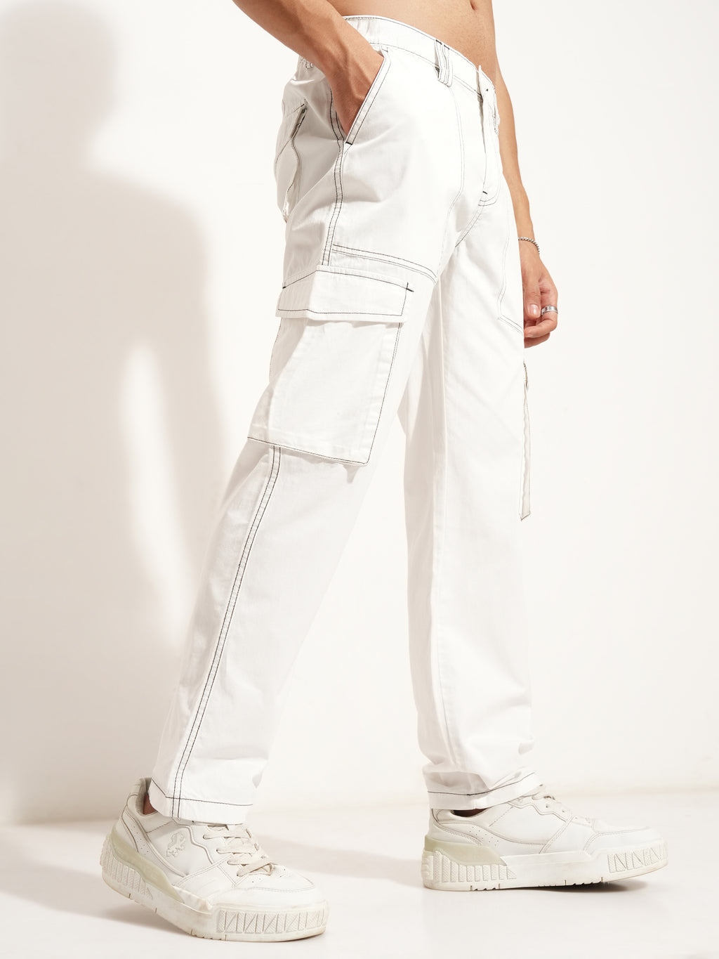 Highlander Men White Straight Fit Solid Cargo - White - Image 6