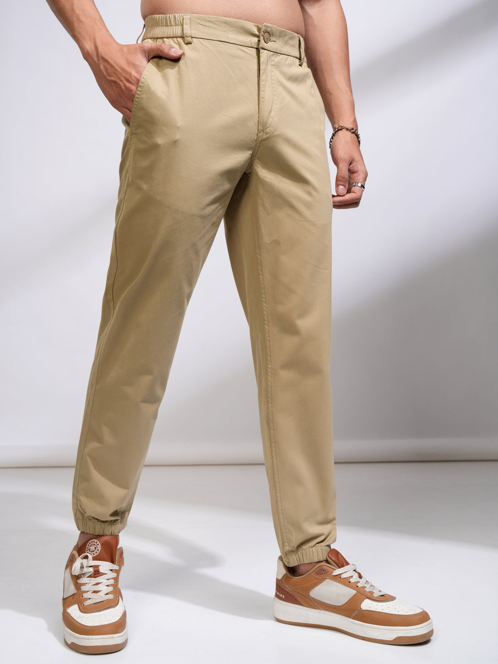Highlander Men Beige Slim Fit Solid Joggers - Beige - Image 6