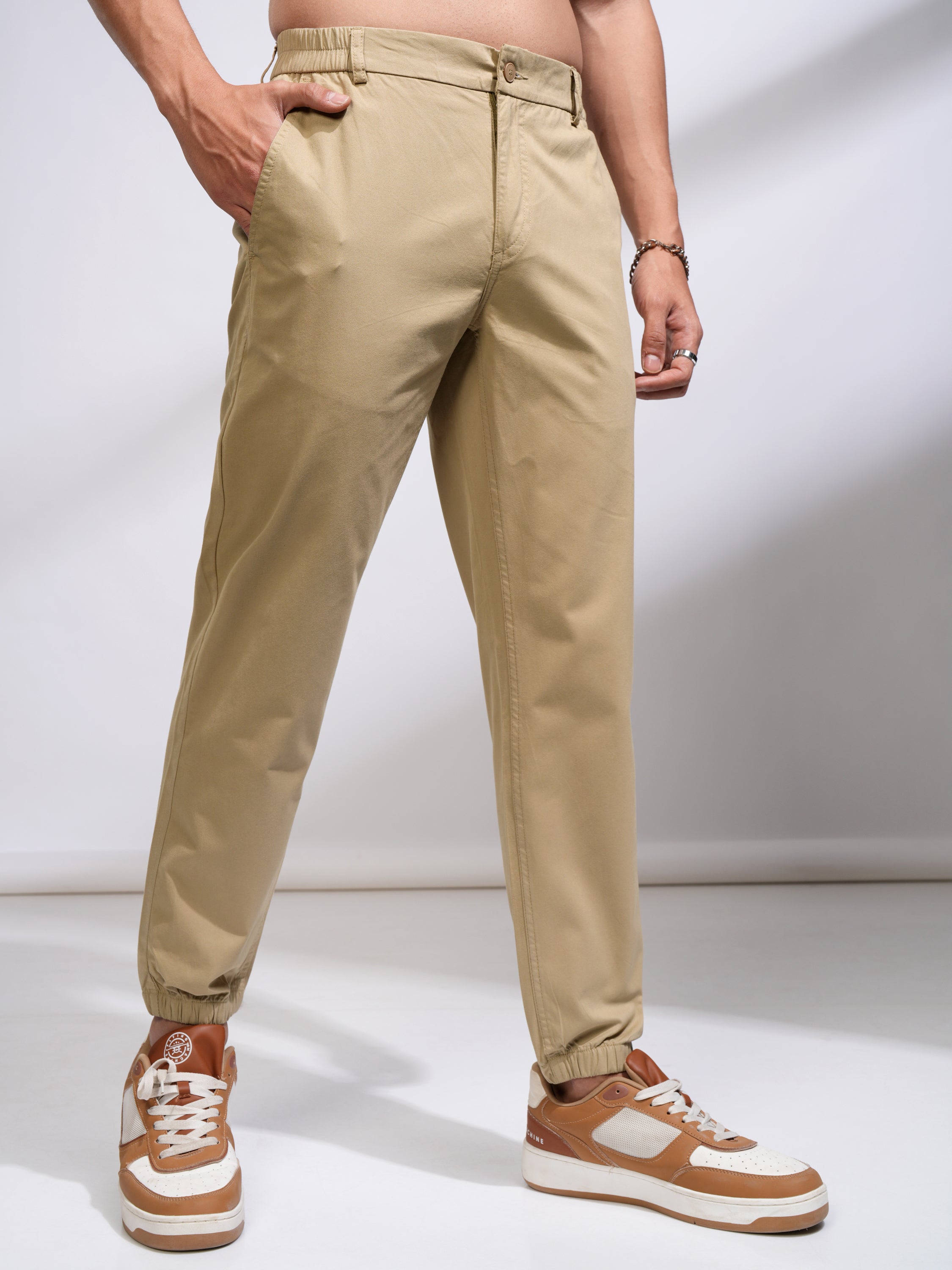 Highlander Men Beige Slim Fit Solid Joggers - Beige - Image 6