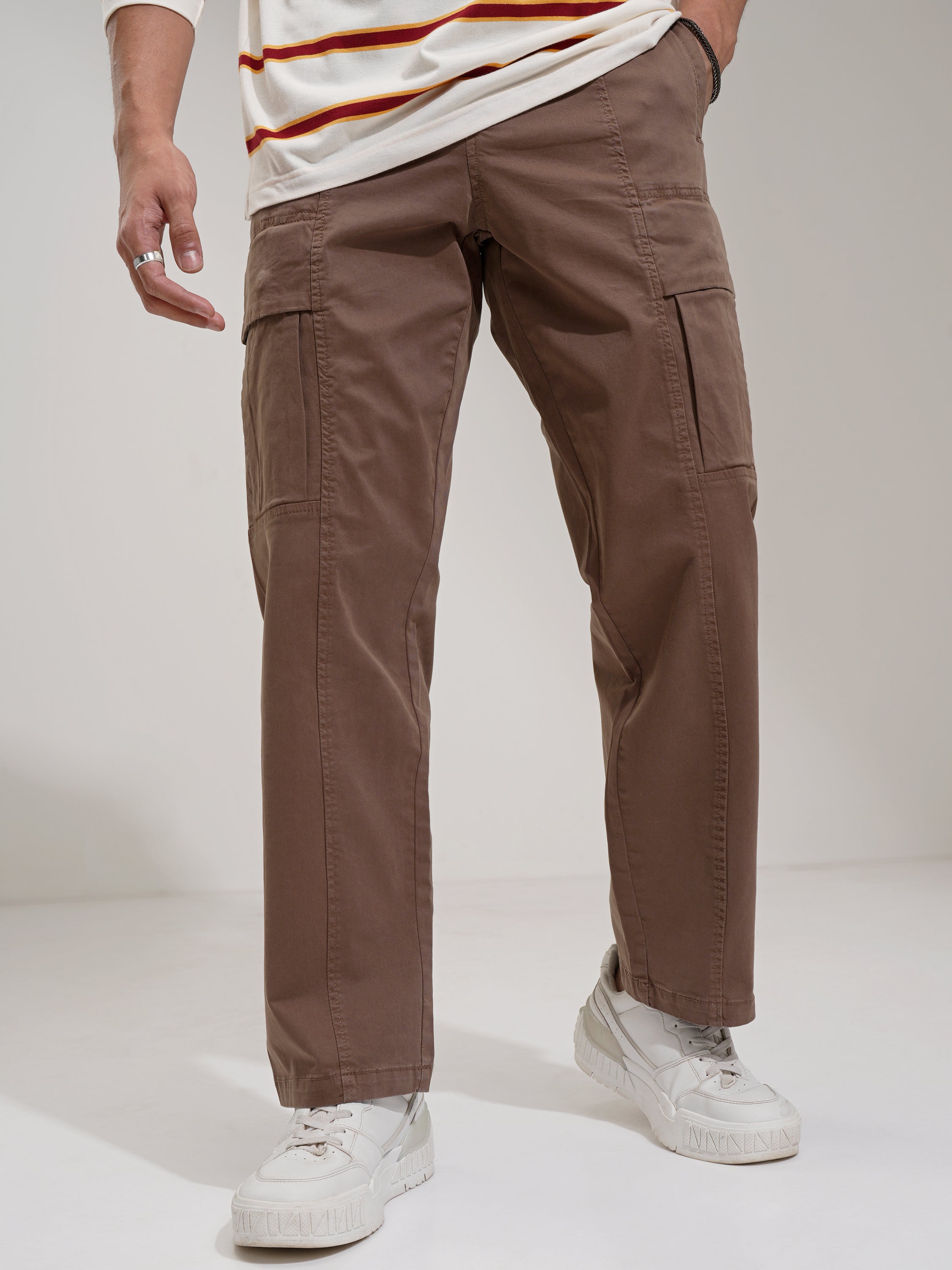 Highlander Men Brown Straight Fit Solid Cargos - Brown - Image 1