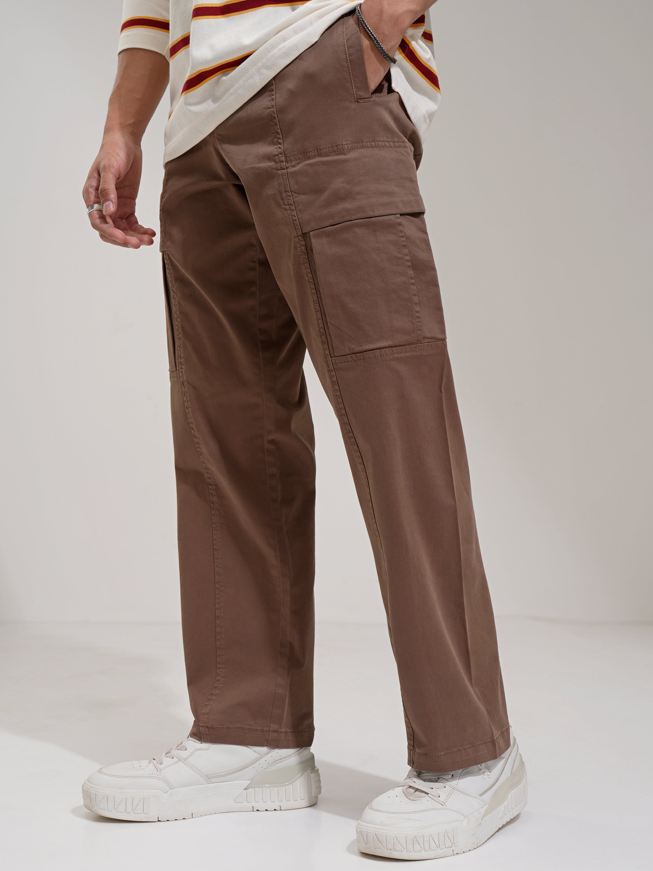 Highlander Men Brown Straight Fit Solid Cargos - Brown - Image 4