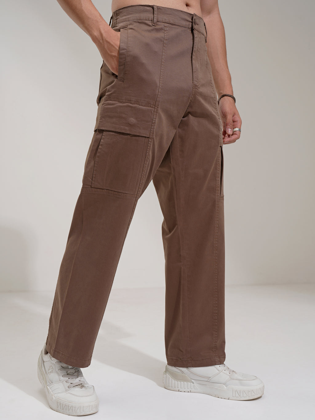 Highlander Men Brown Straight Fit Solid Cargos - Brown - Image 6