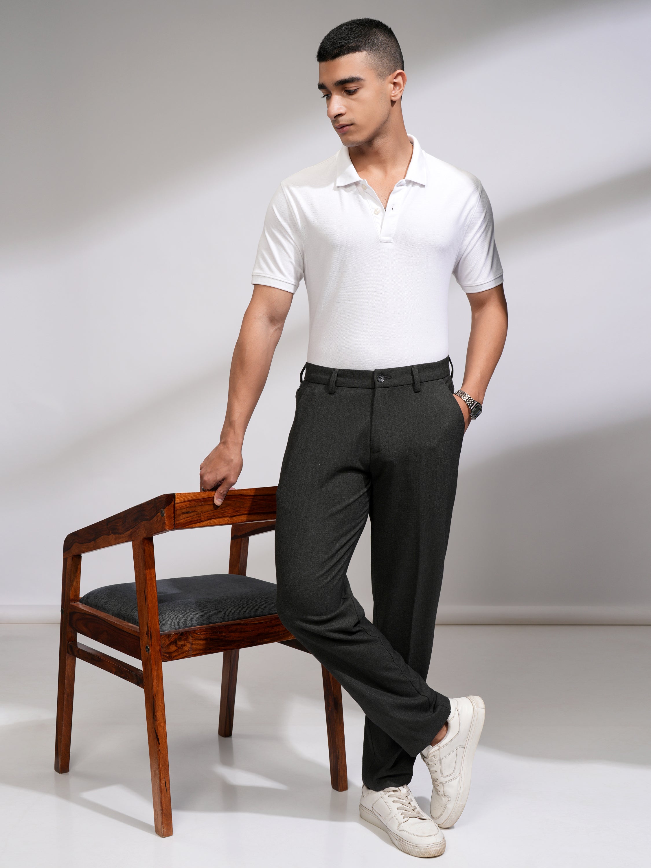 Highlander Men Charcoal Slim Fit Solid Casual Trouser - Charcoal - Image 2